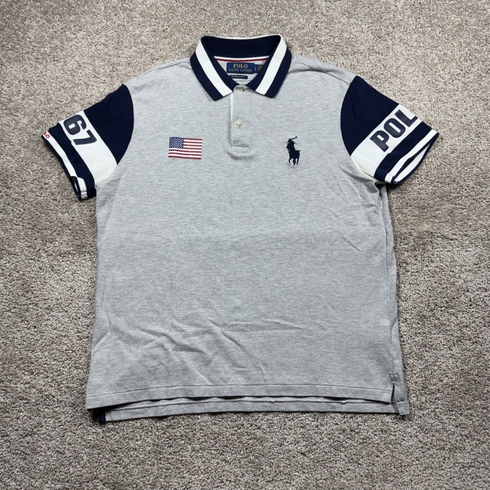 Polo Ralph Lauren Mens USA Flag Big Pony Custom Slim Fit Gray 1967 Polo Shirt L